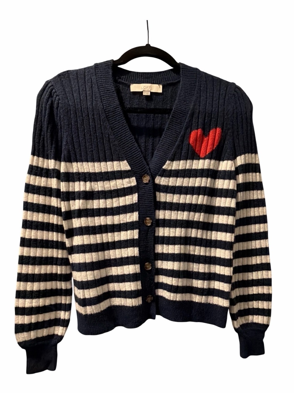 LOFT Navy & White Striped Ribbed Cardigan with Red Heart Detailing